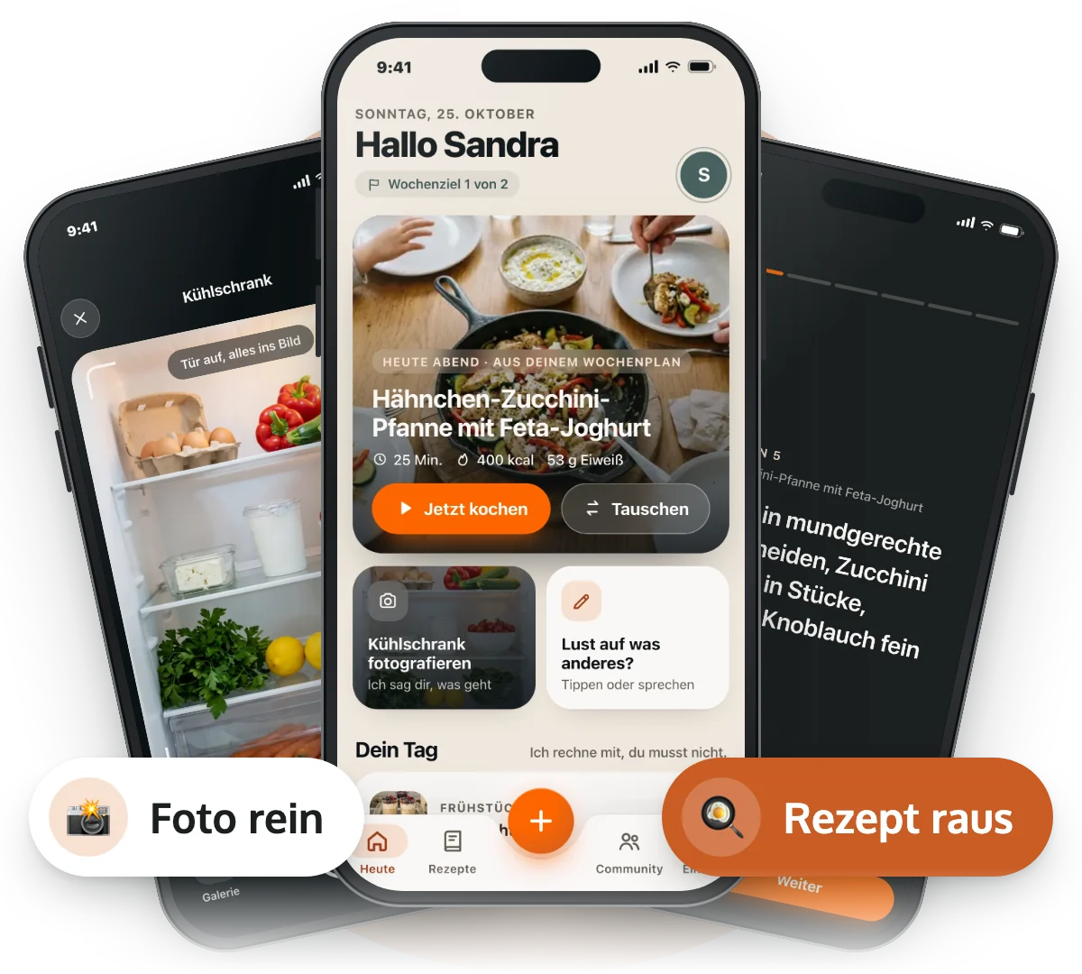 Der Rezeptgenerator auf drei iPhones: links das Kühlschrank-Foto, in der Mitte die Startseite mit dem Abendessen aus dem Wochenplan, rechts der Kochmodus